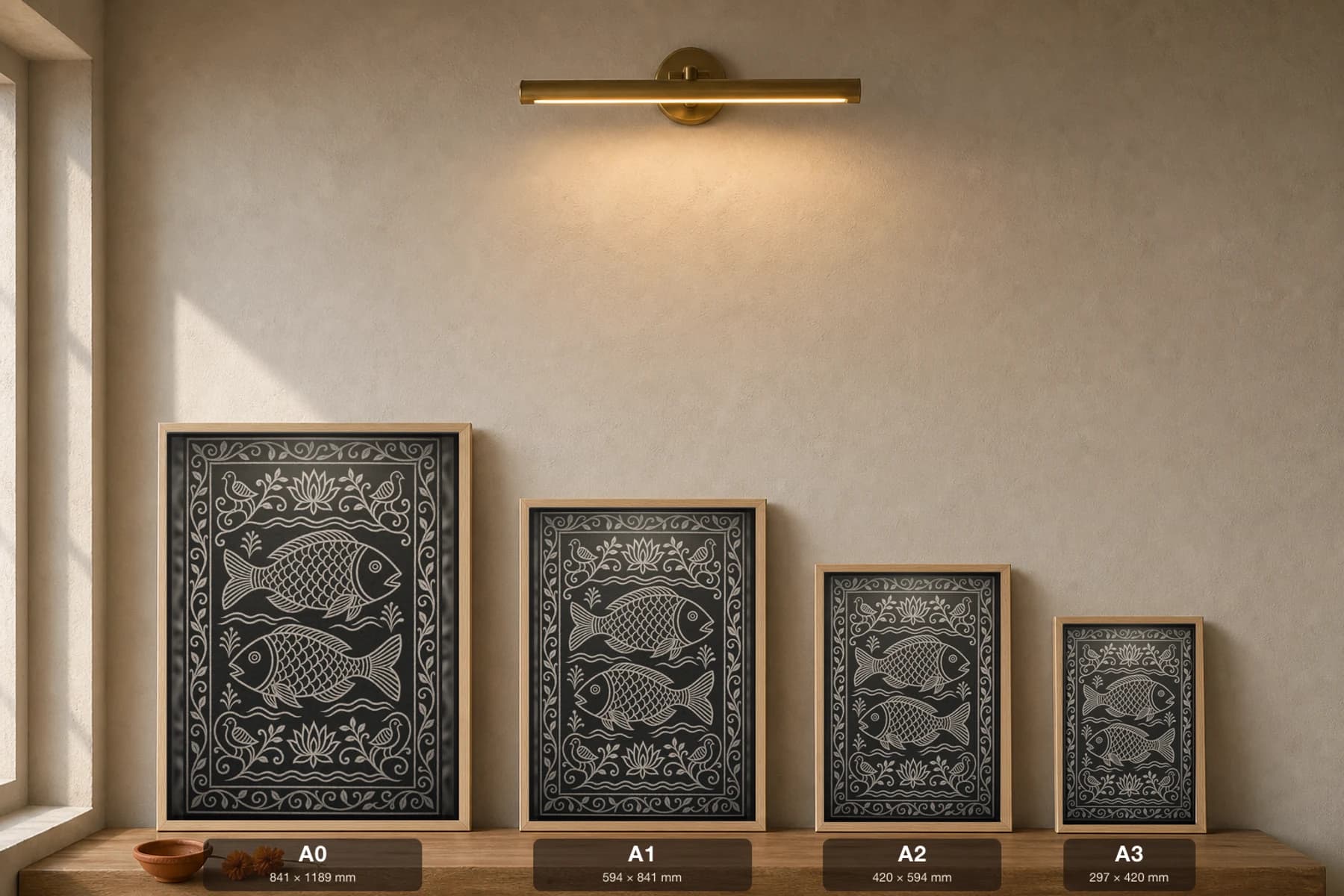 Khovar Fish Fertility — Khovar sgraffito art print · two large scaled fish swimming over a water-comb ground, lotus and birds at the corners · Hazaribagh marriage mural of Jharkhand — print size guide showing the artwork at A0, A1, A2 and A3 in natural-oak frames at true relative scale