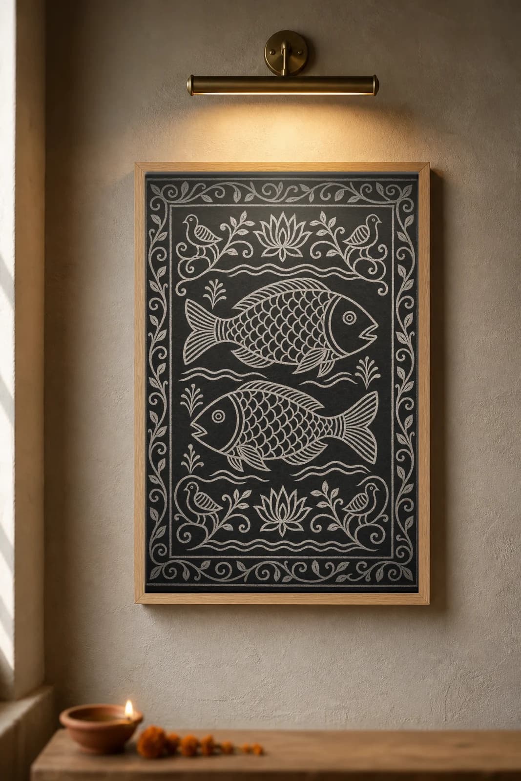 Khovar Fish Fertility — framed museum print, Sohrai Khovar