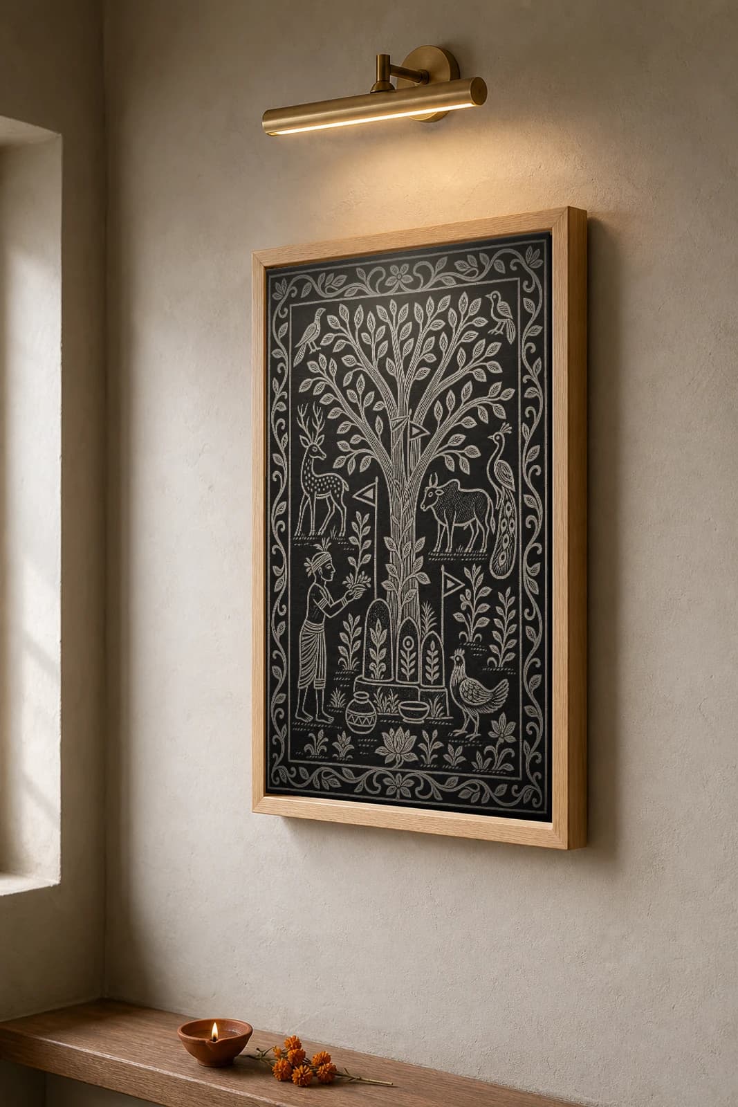 Gram-Than Sacred Grove — Khovar sgraffito art print · the pahan priest offering at the stone shrines beneath the uncut sarna sal grove, a hen beside the stones · Hazaribagh marriage mural of Jharkhand — the framed print shown at a three-quarter angle on a styled gallery wall in a natural-oak frame