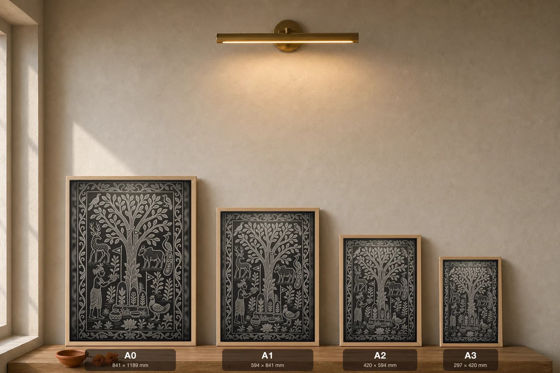 Gram-Than Sacred Grove — Khovar sgraffito art print · the pahan priest offering at the stone shrines beneath the uncut sarna sal grove, a hen beside the stones · Hazaribagh marriage mural of Jharkhand — print size guide showing the artwork at A0, A1, A2 and A3 in natural-oak frames at true relative scale