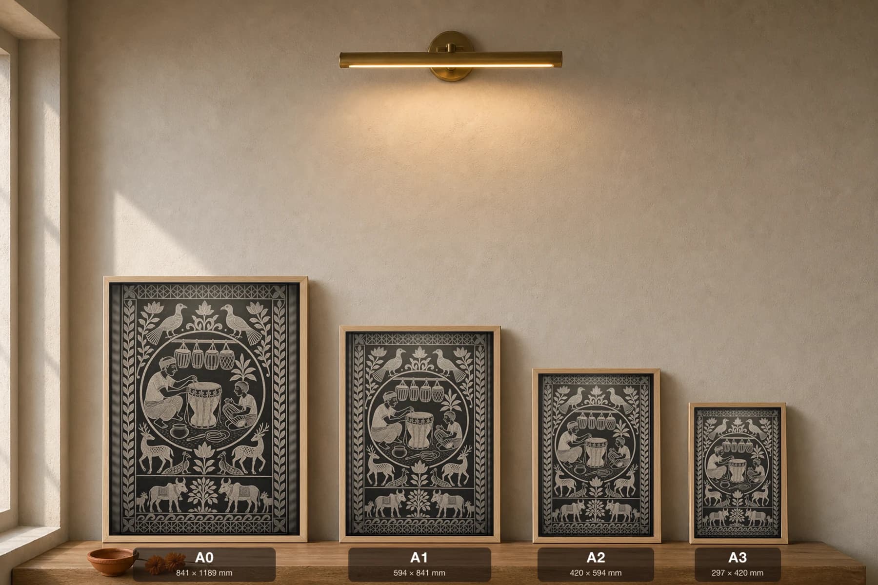 The Mandar Drum Maker — Khovar sgraffito art print · a craftsman lacing taut hide over a clay mandar drum-shell, finished drums hung above, a boy tapping one · Hazaribagh marriage mural of Jharkhand — print size guide showing the artwork at A0, A1, A2 and A3 in natural-oak frames at true relative scale
