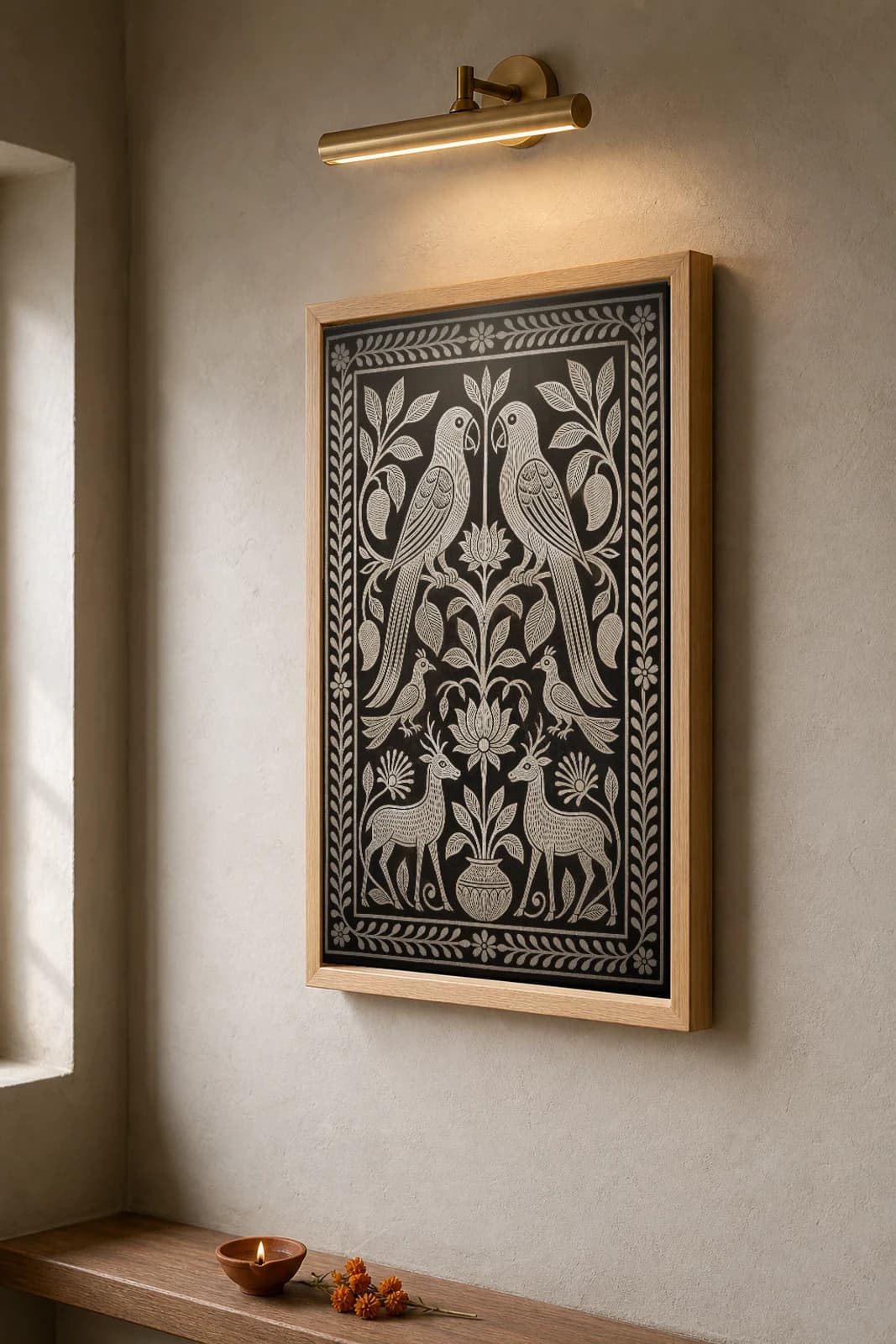 Khovar Parrot Pair — Khovar sgraffito art print · two mirrored parrots on a flowering branch above a central lotus, deer and birds below · Hazaribagh marriage mural of Jharkhand — the framed print shown at a three-quarter angle on a styled gallery wall in a natural-oak frame