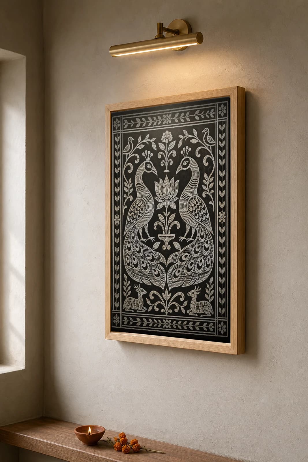 Khovar Peacock Pair — Khovar sgraffito art print · two mirrored peacocks facing a central lotus, long combed tails sweeping down, deer at the foot · Hazaribagh marriage mural of Jharkhand — the framed print shown at a three-quarter angle on a styled gallery wall in a natural-oak frame