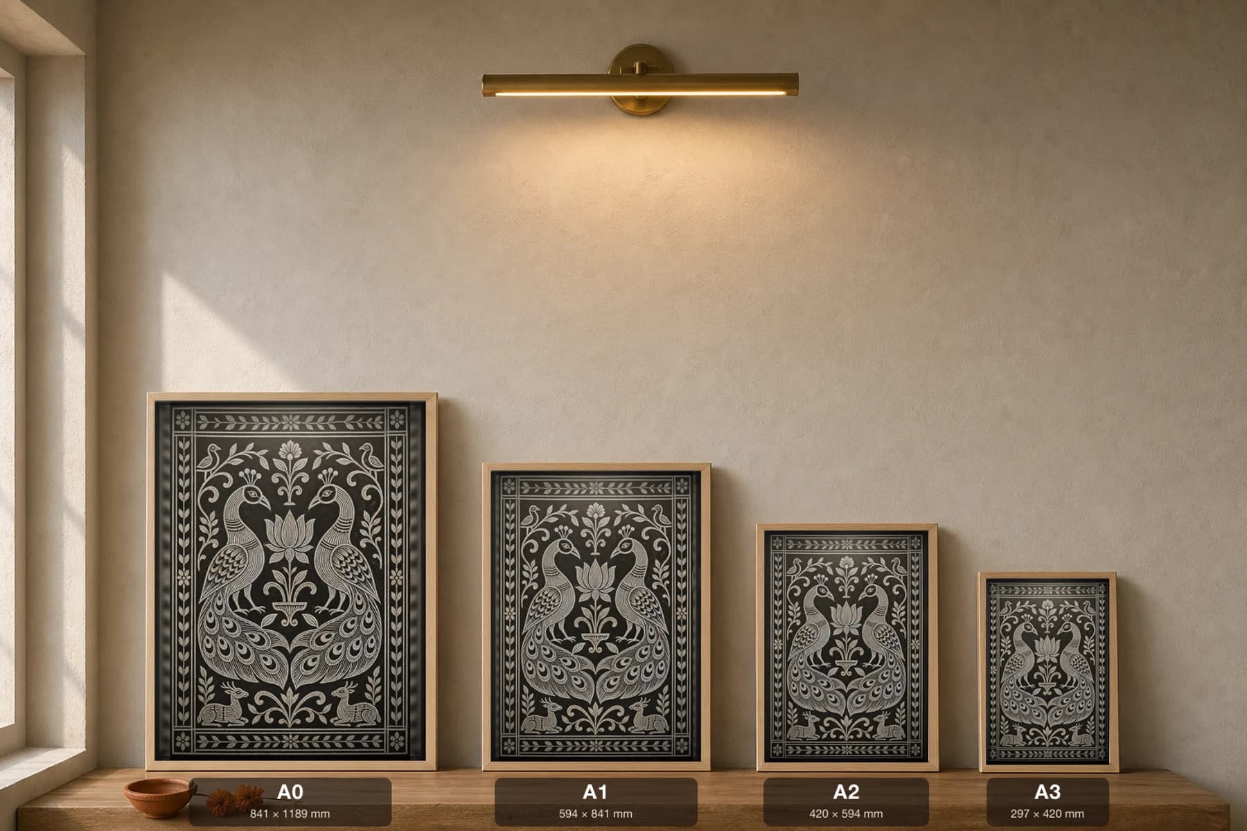 Khovar Peacock Pair — Khovar sgraffito art print · two mirrored peacocks facing a central lotus, long combed tails sweeping down, deer at the foot · Hazaribagh marriage mural of Jharkhand — print size guide showing the artwork at A0, A1, A2 and A3 in natural-oak frames at true relative scale