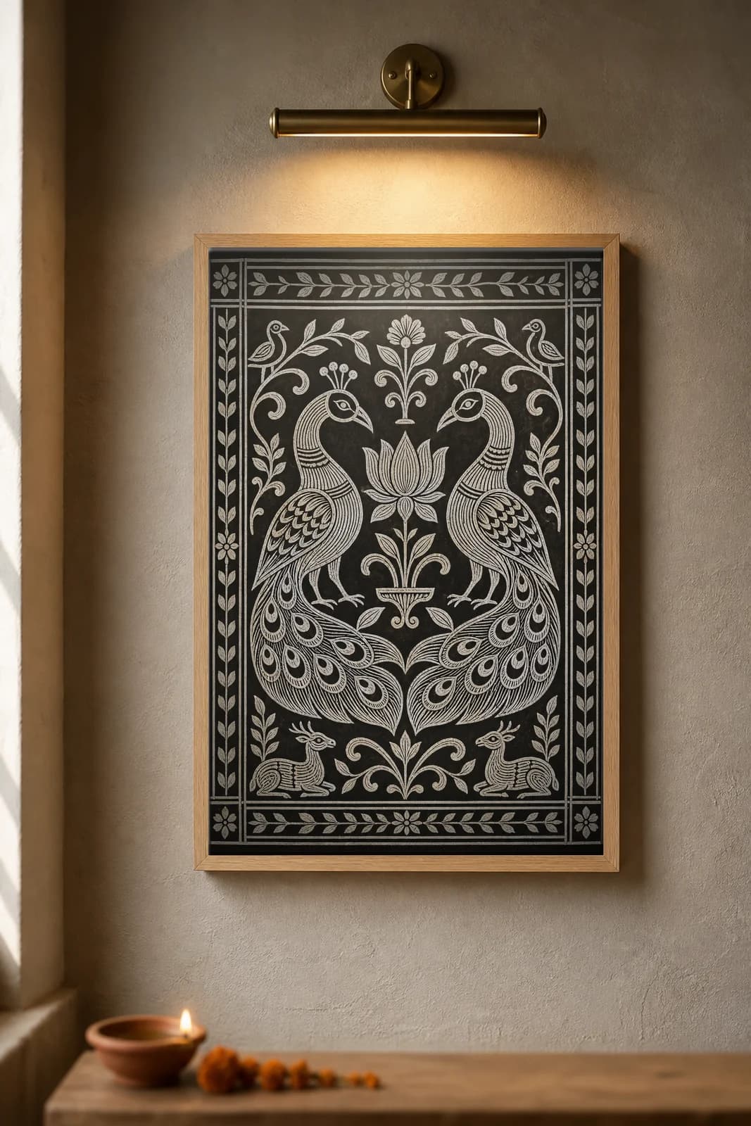 Khovar Peacock Pair — framed museum print, Sohrai Khovar
