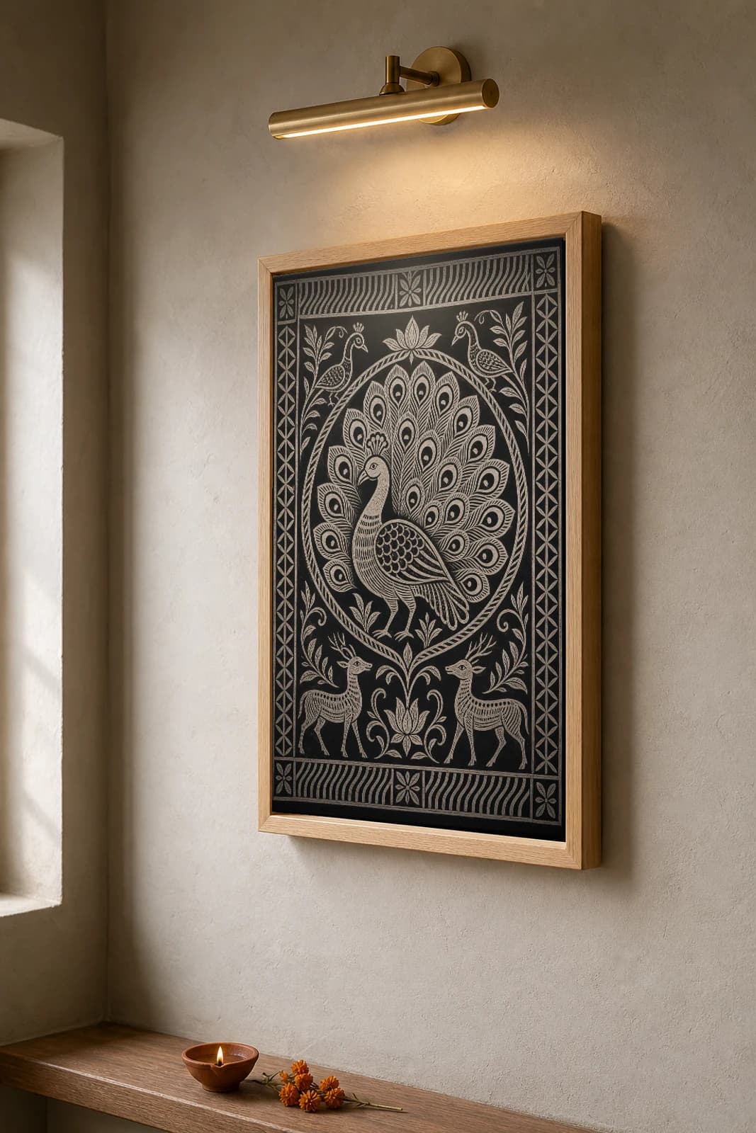 Khovar Sgraffito Peacock — Khovar marriage art print · a single crested peacock combed in white kaolin inside an oval creeper medallion, its fanned tail filling the frame · Hazaribagh bridal-chamber mural of Jharkhand — the framed print shown at a three-quarter angle on a styled gallery wall in a natural-oak frame