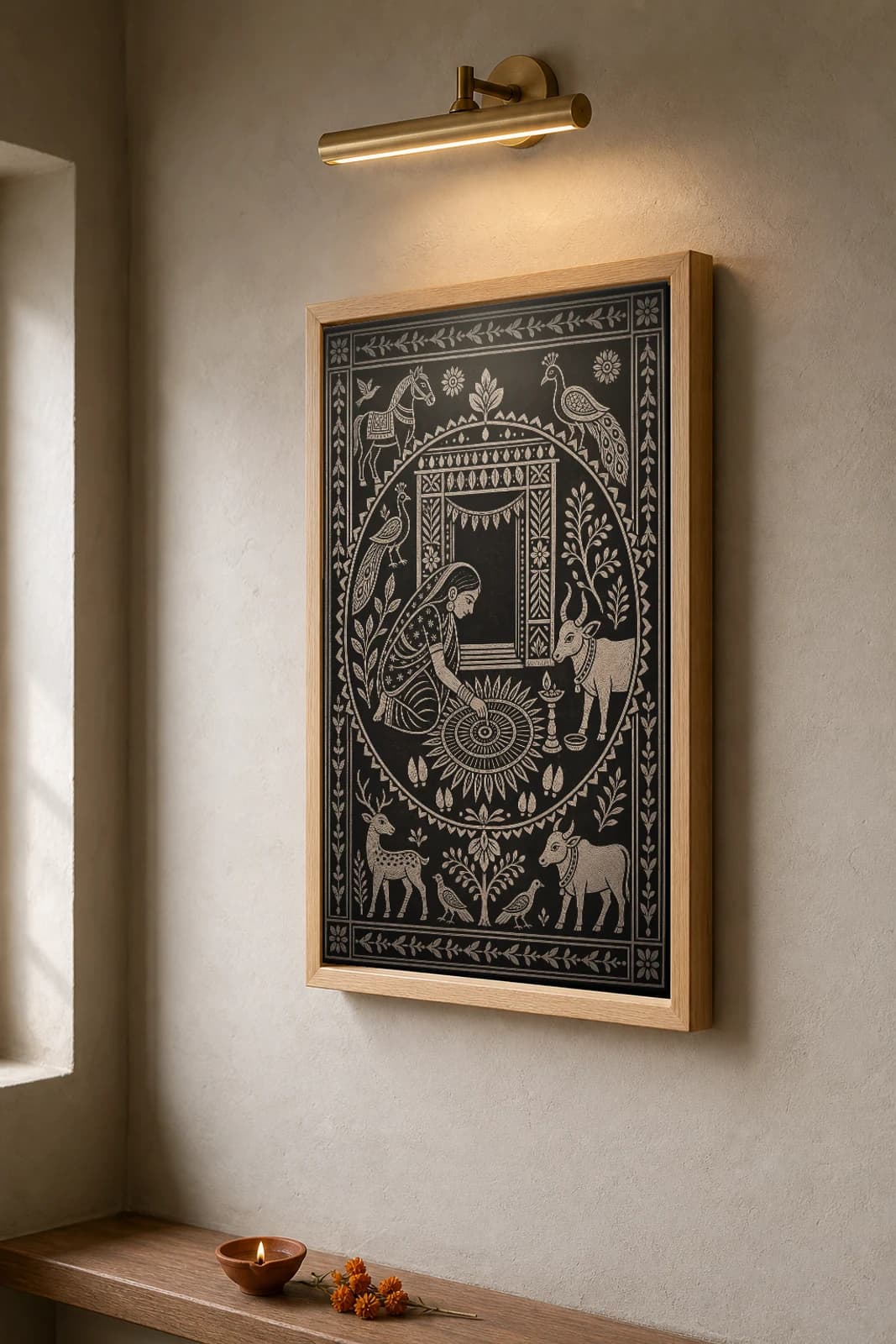 Sohrai Threshold Aripan — Khovar fusion art print · a woman kneeling to draw a concentric floor aripan with a lit diya while a cow watches · combed in white kaolin in the Hazaribagh mural tradition of Jharkhand — the framed print shown at a three-quarter angle on a styled gallery wall in a natural-oak frame