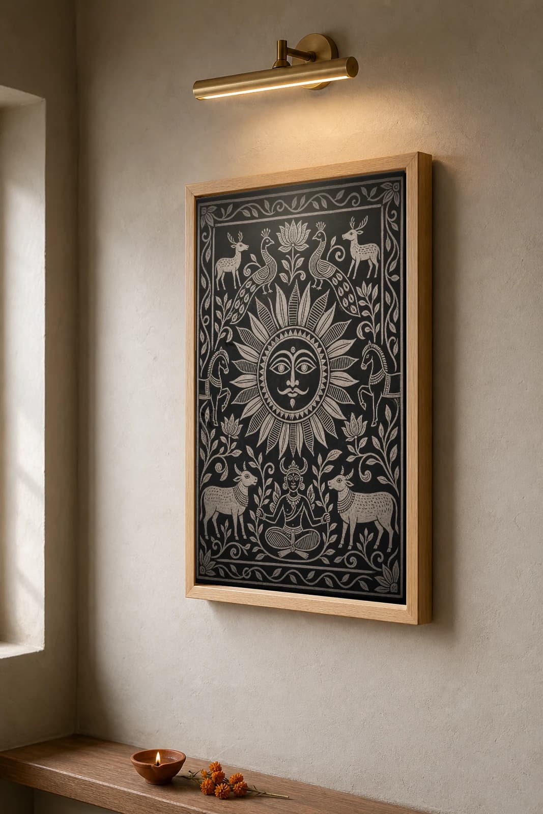 Khovar Sun Blessing — Khovar marriage art print · a radiant sun-face medallion combed in white kaolin above a seated horned figure flanked by cattle, peacocks and deer · Hazaribagh bridal-chamber mural of Jharkhand — the framed print shown at a three-quarter angle on a styled gallery wall in a natural-oak frame