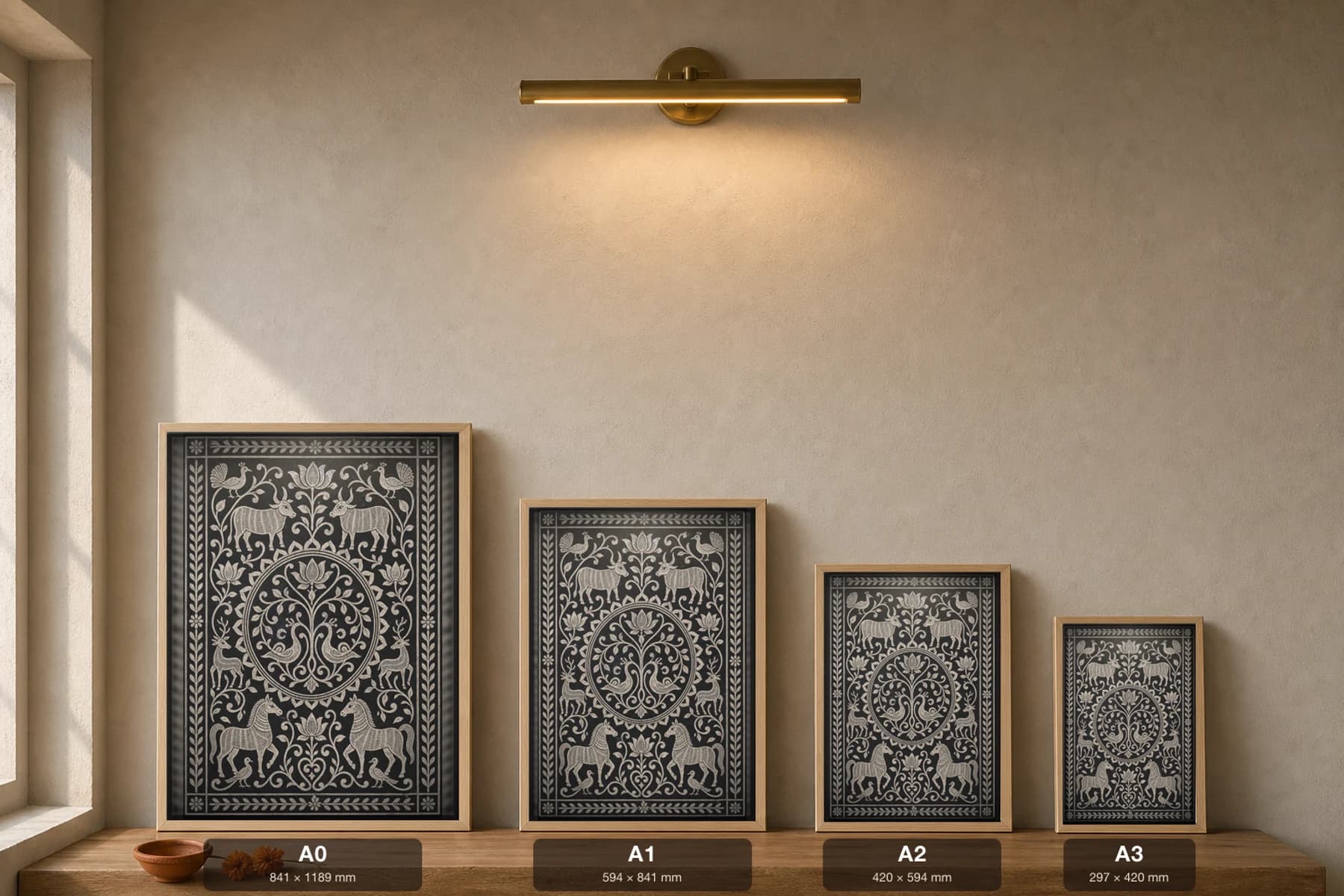 Khovar Vine Lattice — Khovar marriage art print · an all-over creeper field combed in white kaolin around a central peacock medallion, with confronting bulls, deer and horses · Hazaribagh bridal-chamber mural of Jharkhand — print size guide showing the artwork at A0, A1, A2 and A3 in natural-oak frames at true relative scale