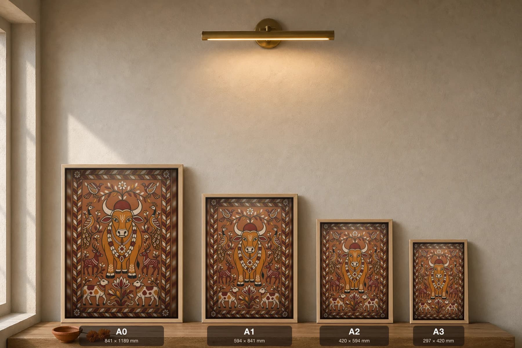 Sohrai Bull Blessing Print — Hazaribagh harvest mural of a garlanded humped bull flanked by peacocks and deer · framed A2 — print size guide showing the artwork at A0, A1, A2 and A3 in natural-oak frames at true relative scale