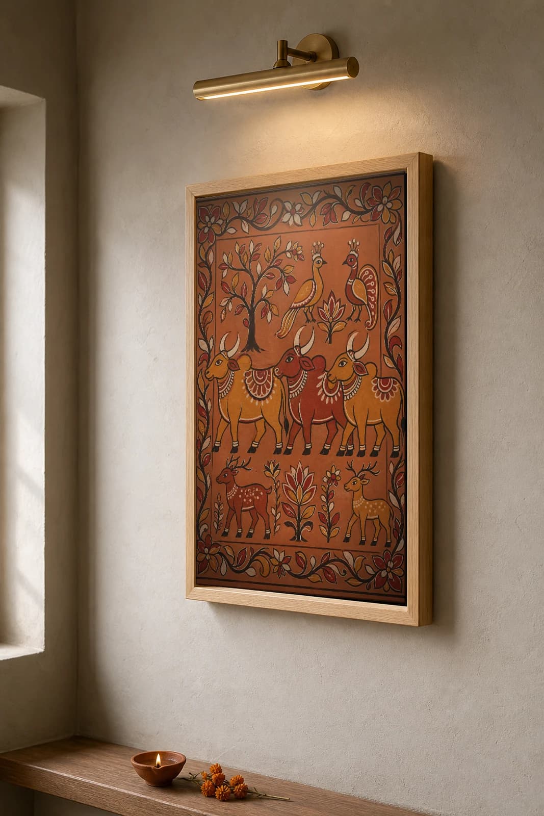 Sohrai Cattle Frieze Print — Hazaribagh harvest mural of a humped zebu herd walking under a flowering tree and peacocks · framed A2 — the framed print shown at a three-quarter angle on a styled gallery wall in a natural-oak frame