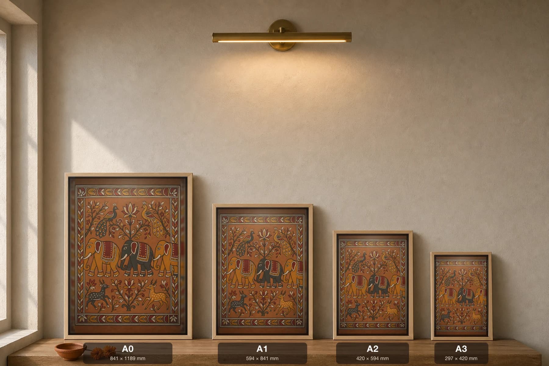 Sohrai Elephant March Print — Hazaribagh harvest mural of three blanketed elephants walking under peacocks and a lotus · framed A2 — print size guide showing the artwork at A0, A1, A2 and A3 in natural-oak frames at true relative scale