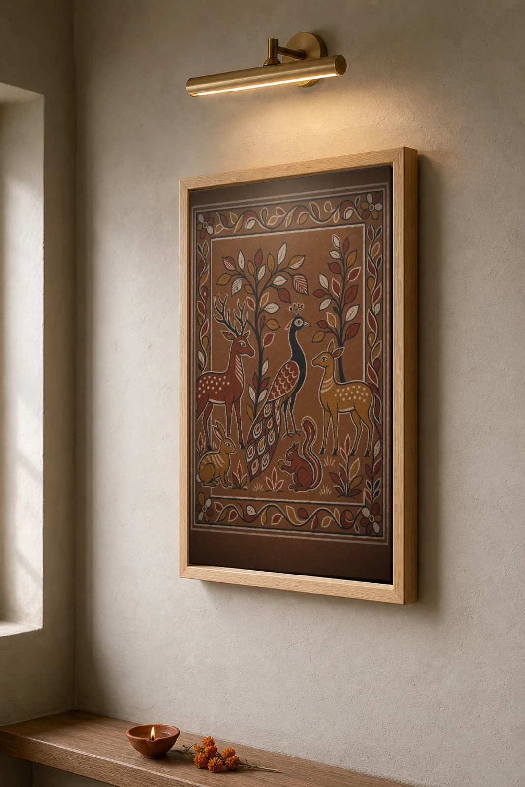 Sohrai Forest Band Print — Hazaribagh harvest mural of deer, peacock, hare and squirrel among sal leaves · framed A2 — the framed print shown at a three-quarter angle on a styled gallery wall in a natural-oak frame