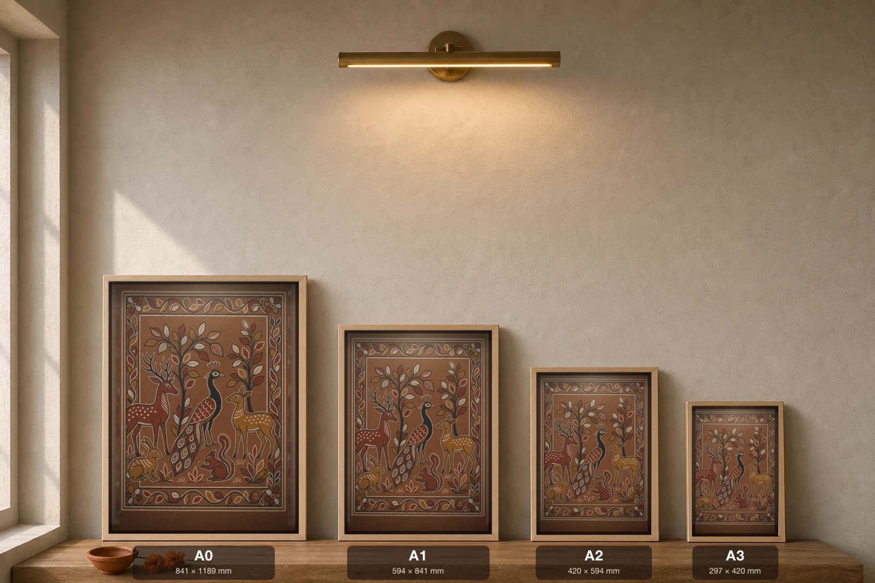 Sohrai Forest Band Print — Hazaribagh harvest mural of deer, peacock, hare and squirrel among sal leaves · framed A2 — print size guide showing the artwork at A0, A1, A2 and A3 in natural-oak frames at true relative scale