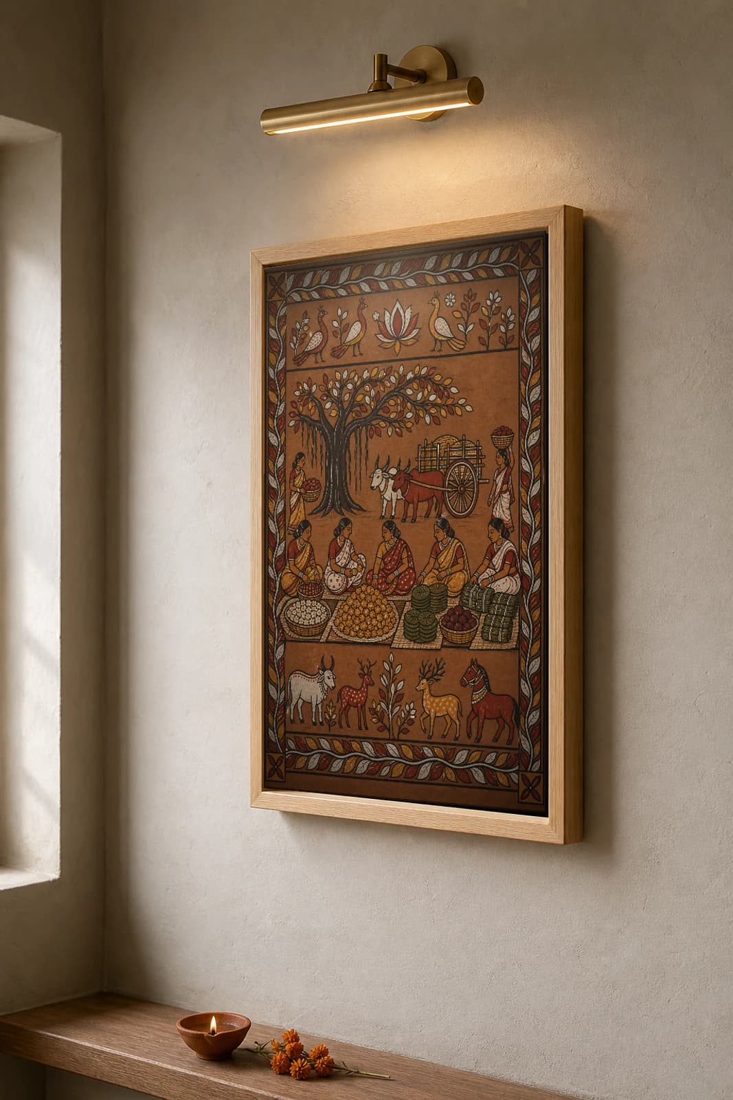 Weekly Haat Sohrai Print — Hazaribagh harvest mural of women selling forest produce under a banyan with a bullock cart · framed A2 — the framed print shown at a three-quarter angle on a styled gallery wall in a natural-oak frame