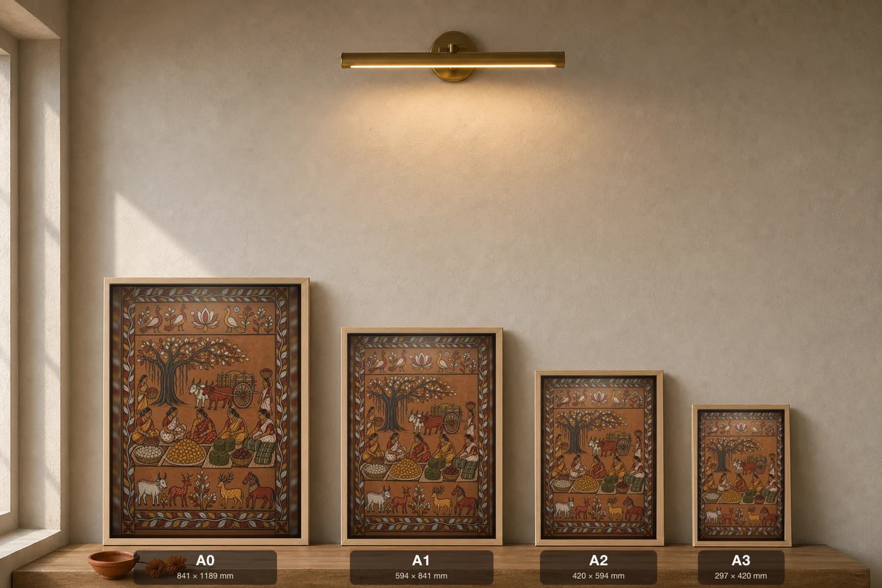 Weekly Haat Sohrai Print — Hazaribagh harvest mural of women selling forest produce under a banyan with a bullock cart · framed A2 — print size guide showing the artwork at A0, A1, A2 and A3 in natural-oak frames at true relative scale