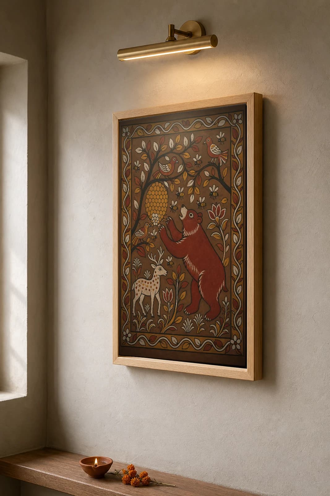 Sohrai Honey Forest Print — Hazaribagh harvest mural of a sloth bear reaching a honeycomb among bees, birds and a deer · framed A2 — the framed print shown at a three-quarter angle on a styled gallery wall in a natural-oak frame