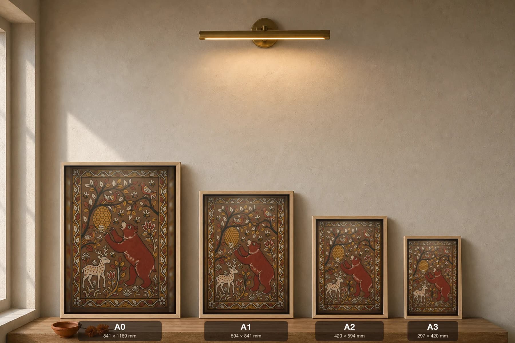 Sohrai Honey Forest Print — Hazaribagh harvest mural of a sloth bear reaching a honeycomb among bees, birds and a deer · framed A2 — print size guide showing the artwork at A0, A1, A2 and A3 in natural-oak frames at true relative scale
