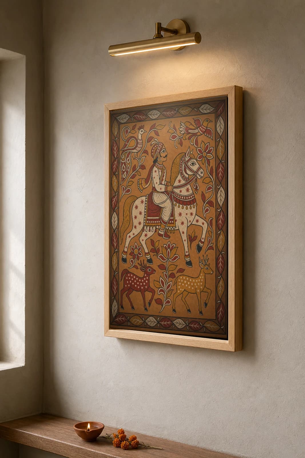 Sohrai Horse Rider Print — Hazaribagh harvest mural of a caparisoned horse and seated rider above two spotted deer · framed A2 — the framed print shown at a three-quarter angle on a styled gallery wall in a natural-oak frame