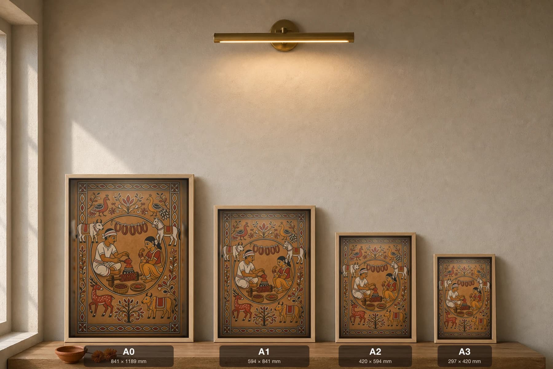 Lac Bangle Making Sohrai Print — Hazaribagh harvest mural of a lac-worker shaping red bangles over a flame for a waiting customer · framed A2 — print size guide showing the artwork at A0, A1, A2 and A3 in natural-oak frames at true relative scale