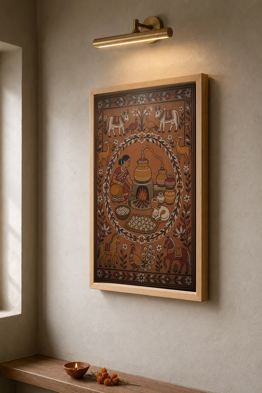 Mahua Brewing Hearth Sohrai Print — Hazaribagh harvest mural of a woman tending a clay still over a courtyard fire · framed A2 — the framed print shown at a three-quarter angle on a styled gallery wall in a natural-oak frame