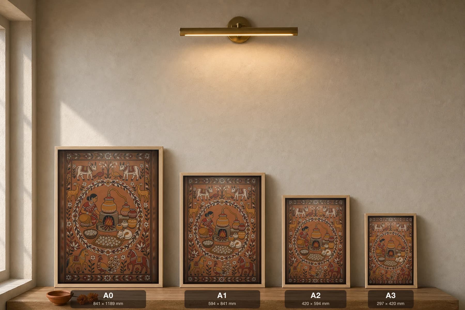 Mahua Brewing Hearth Sohrai Print — Hazaribagh harvest mural of a woman tending a clay still over a courtyard fire · framed A2 — print size guide showing the artwork at A0, A1, A2 and A3 in natural-oak frames at true relative scale