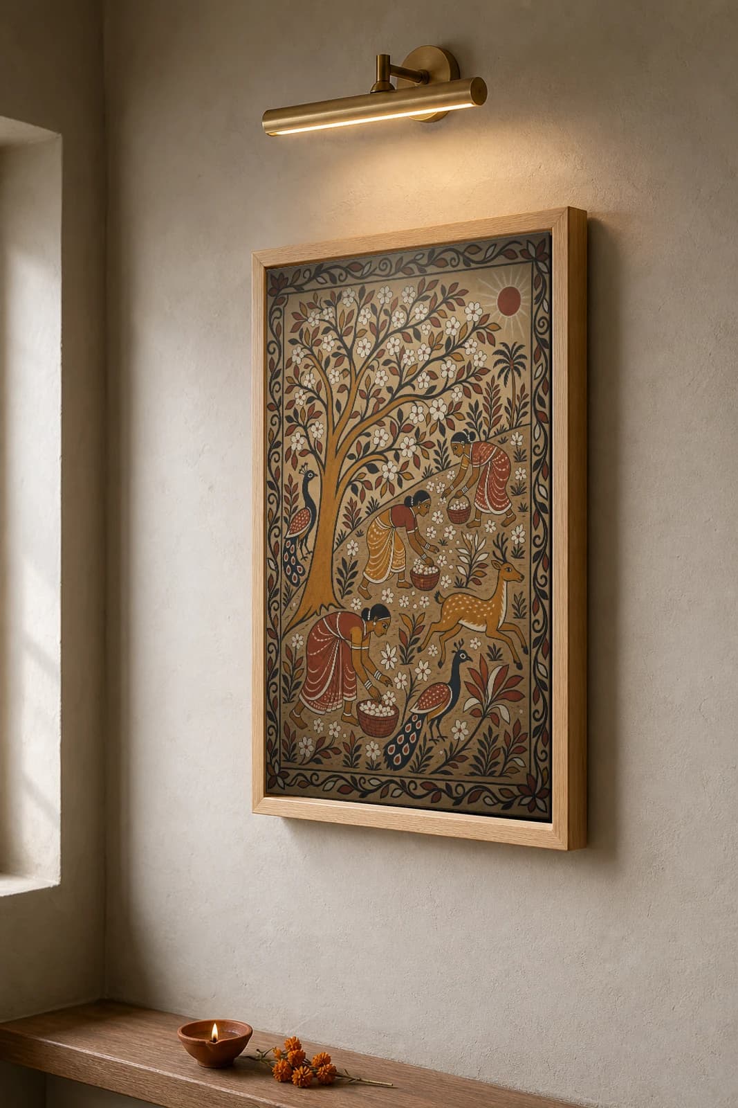 Mahua Gathering Dawn Sohrai Print — Hazaribagh harvest mural of women sweeping fallen mahua flowers under a blossoming tree at sunrise · framed A2 — the framed print shown at a three-quarter angle on a styled gallery wall in a natural-oak frame