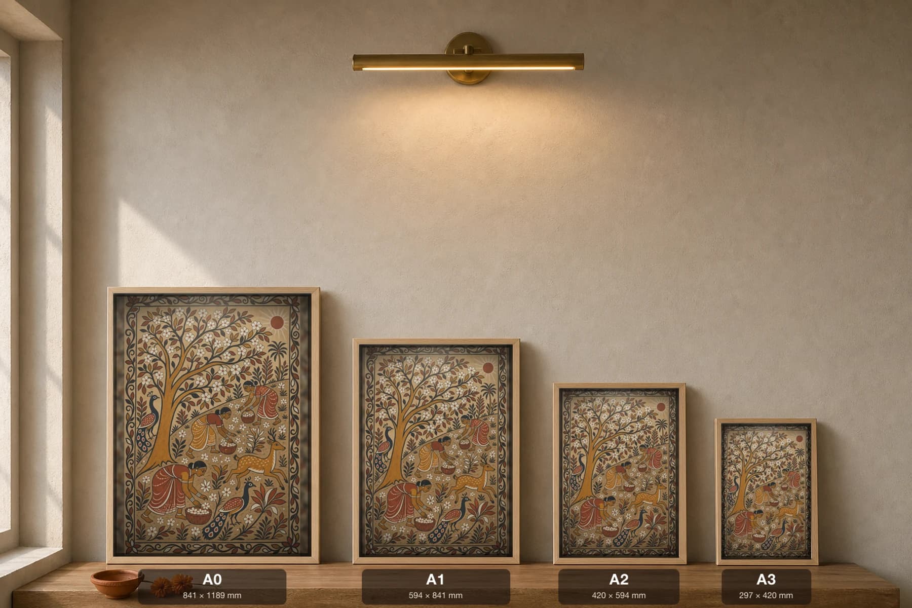 Mahua Gathering Dawn Sohrai Print — Hazaribagh harvest mural of women sweeping fallen mahua flowers under a blossoming tree at sunrise · framed A2 — print size guide showing the artwork at A0, A1, A2 and A3 in natural-oak frames at true relative scale