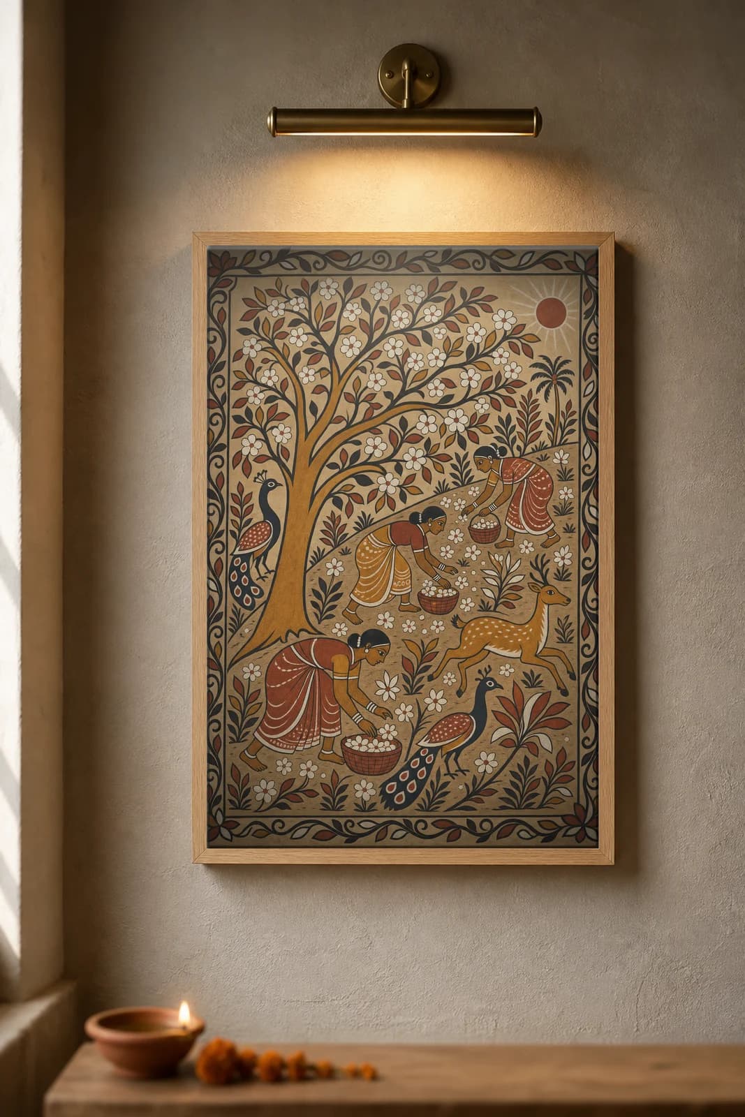 Mahua Gathering Dawn — framed museum print, Sohrai Khovar