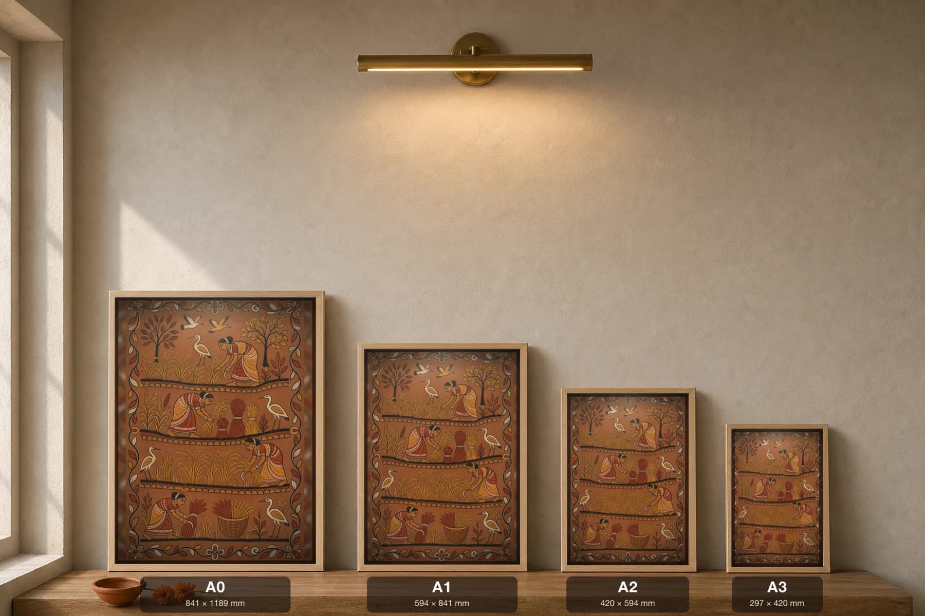 Paddy & Millet Terrace — Sohrai fusion art print · four stepped registers of women reaping and bundling grain with egrets among the stalks · in the Hazaribagh harvest mural tradition of Jharkhand — print size guide showing the artwork at A0, A1, A2 and A3 in natural-oak frames at true relative scale