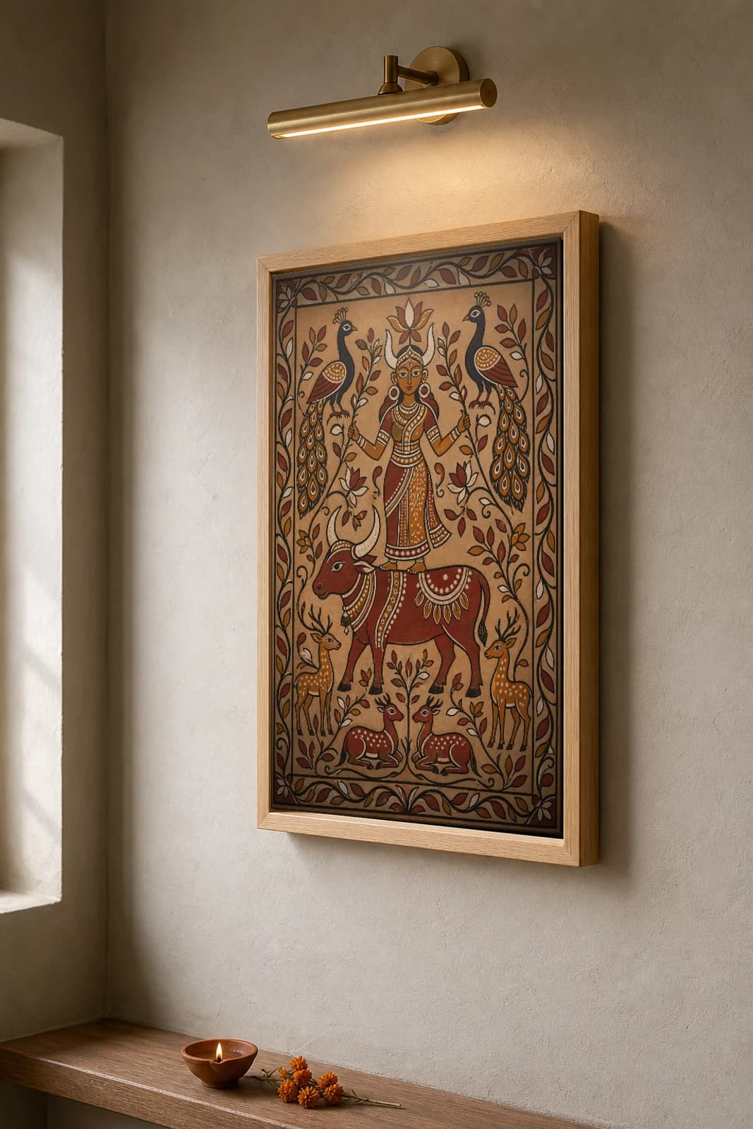 Sohrai Pashupati — Hazaribagh harvest mural of the lord-of-animals mother figure standing on a humped bull, flanked by peacocks and deer · framed A2 — the framed print shown at a three-quarter angle on a styled gallery wall in a natural-oak frame