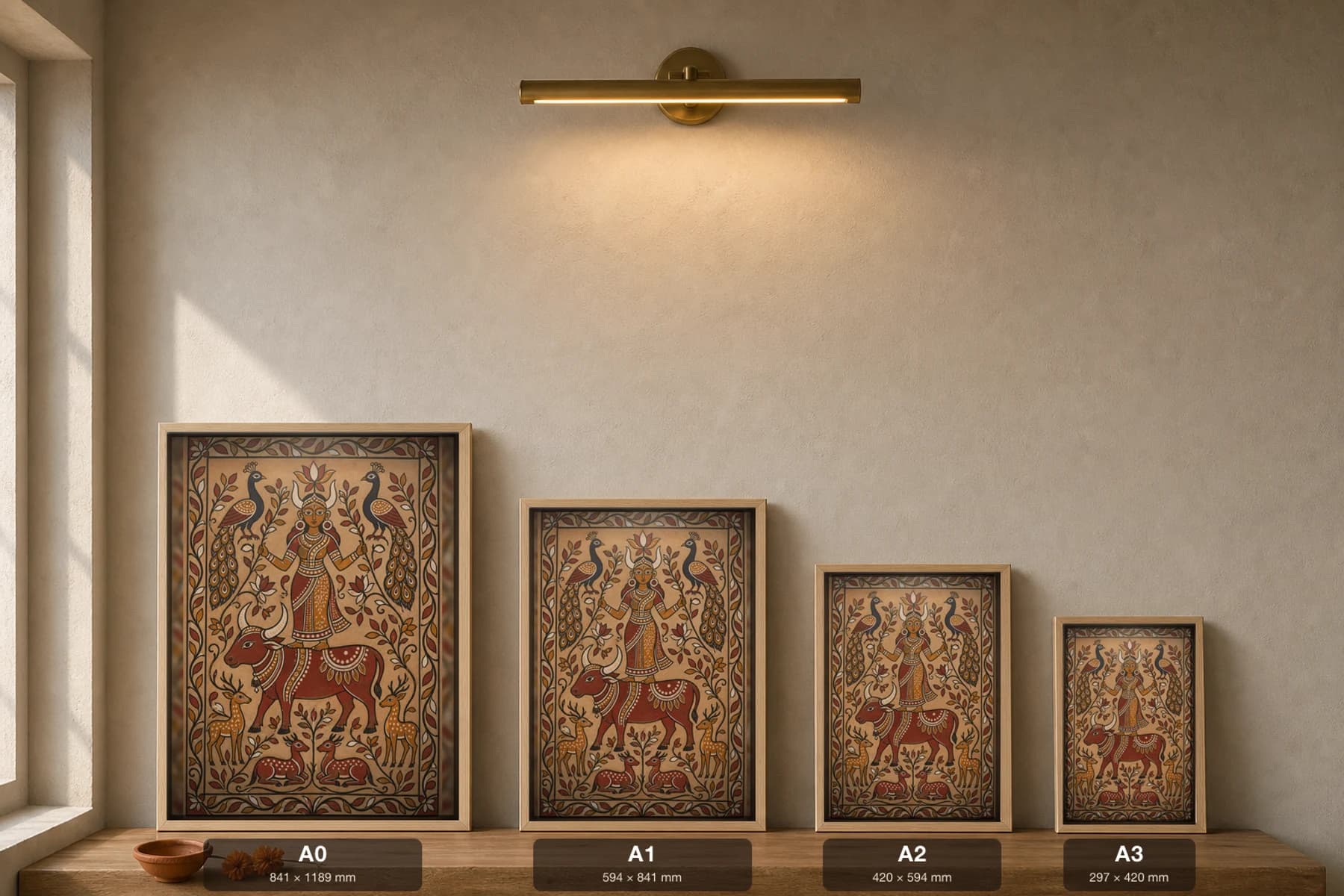 Sohrai Pashupati — Hazaribagh harvest mural of the lord-of-animals mother figure standing on a humped bull, flanked by peacocks and deer · framed A2 — print size guide showing the artwork at A0, A1, A2 and A3 in natural-oak frames at true relative scale