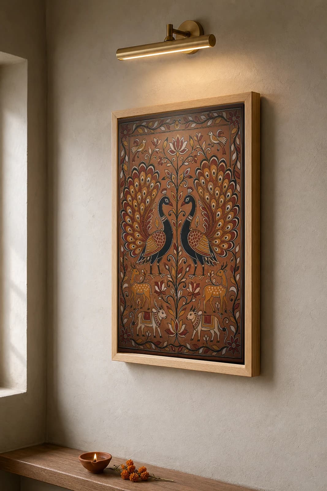 Sohrai Peacock Pair — Hazaribagh harvest mural of two mirrored fan-tailed peacocks over deer and caparisoned elephants · framed A2 — the framed print shown at a three-quarter angle on a styled gallery wall in a natural-oak frame