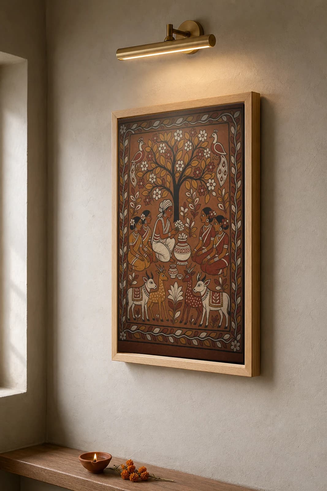 Sarhul Sal Blossom — Sohrai fusion art print · a priest and women worshipping a flowering sal tree with a flower-filled kalash at Sarhul · in the Hazaribagh harvest mural tradition of Jharkhand — the framed print shown at a three-quarter angle on a styled gallery wall in a natural-oak frame