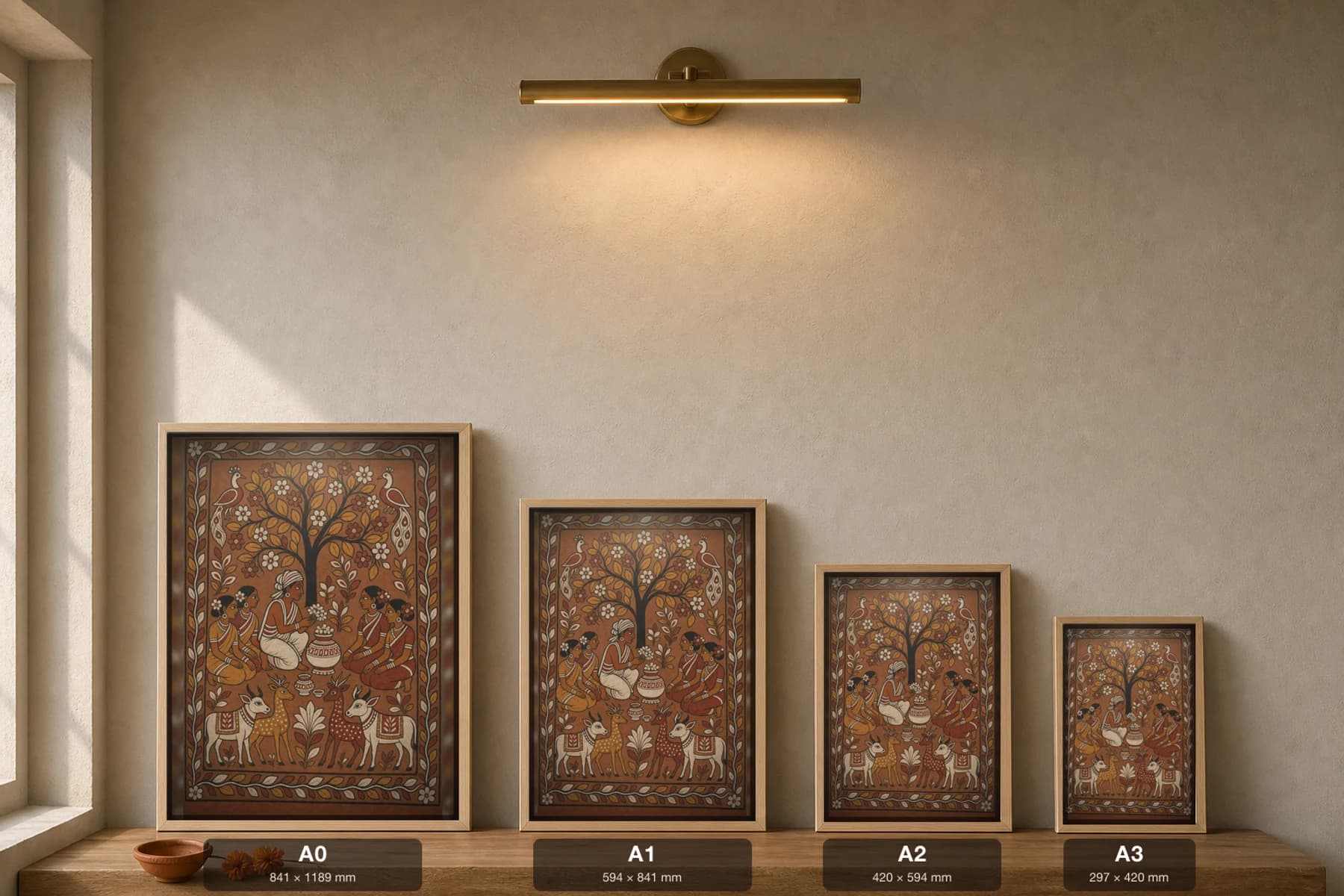 Sarhul Sal Blossom — Sohrai fusion art print · a priest and women worshipping a flowering sal tree with a flower-filled kalash at Sarhul · in the Hazaribagh harvest mural tradition of Jharkhand — print size guide showing the artwork at A0, A1, A2 and A3 in natural-oak frames at true relative scale