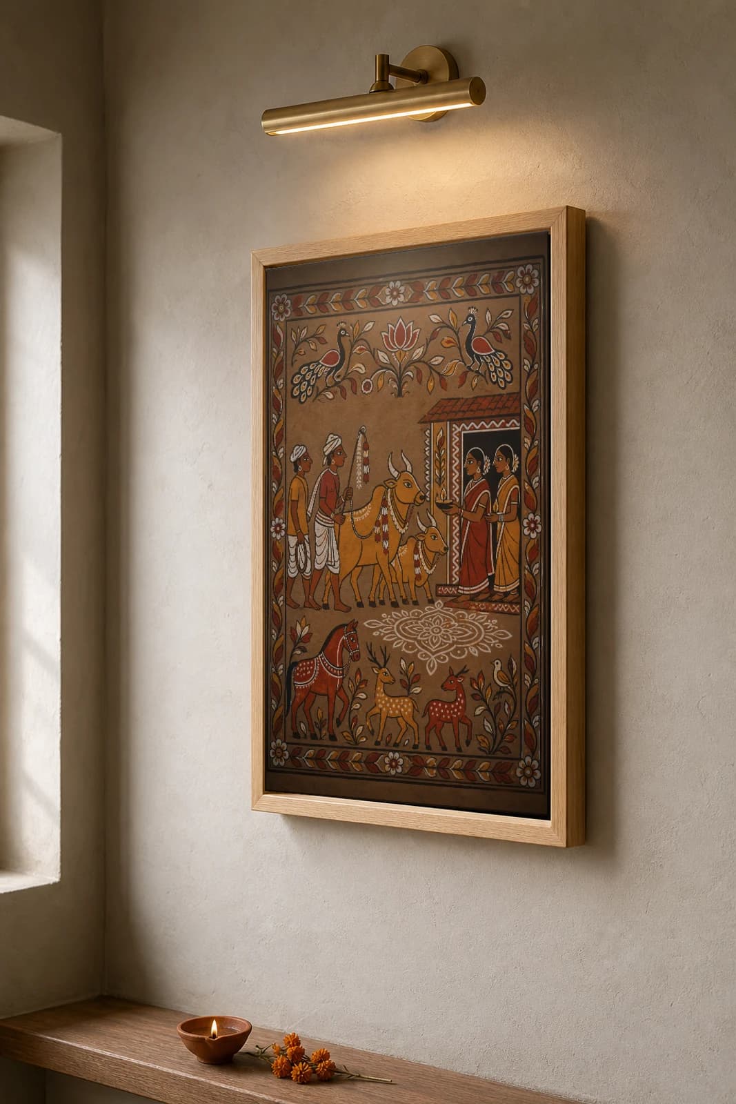 Sohrai Cattle Honour — Sohrai fusion art print · men leading a garlanded bull and calf to a doorway where women wait with aarti lamps over a floor aripan · in the Hazaribagh harvest mural tradition of Jharkhand — the framed print shown at a three-quarter angle on a styled gallery wall in a natural-oak frame
