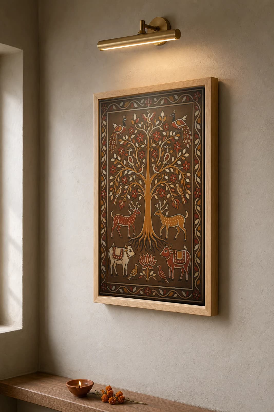Sohrai Tree of Life — Hazaribagh harvest mural of a flowering tree full of birds, with deer mid-trunk and a caparisoned bull at each root · framed A2 — the framed print shown at a three-quarter angle on a styled gallery wall in a natural-oak frame