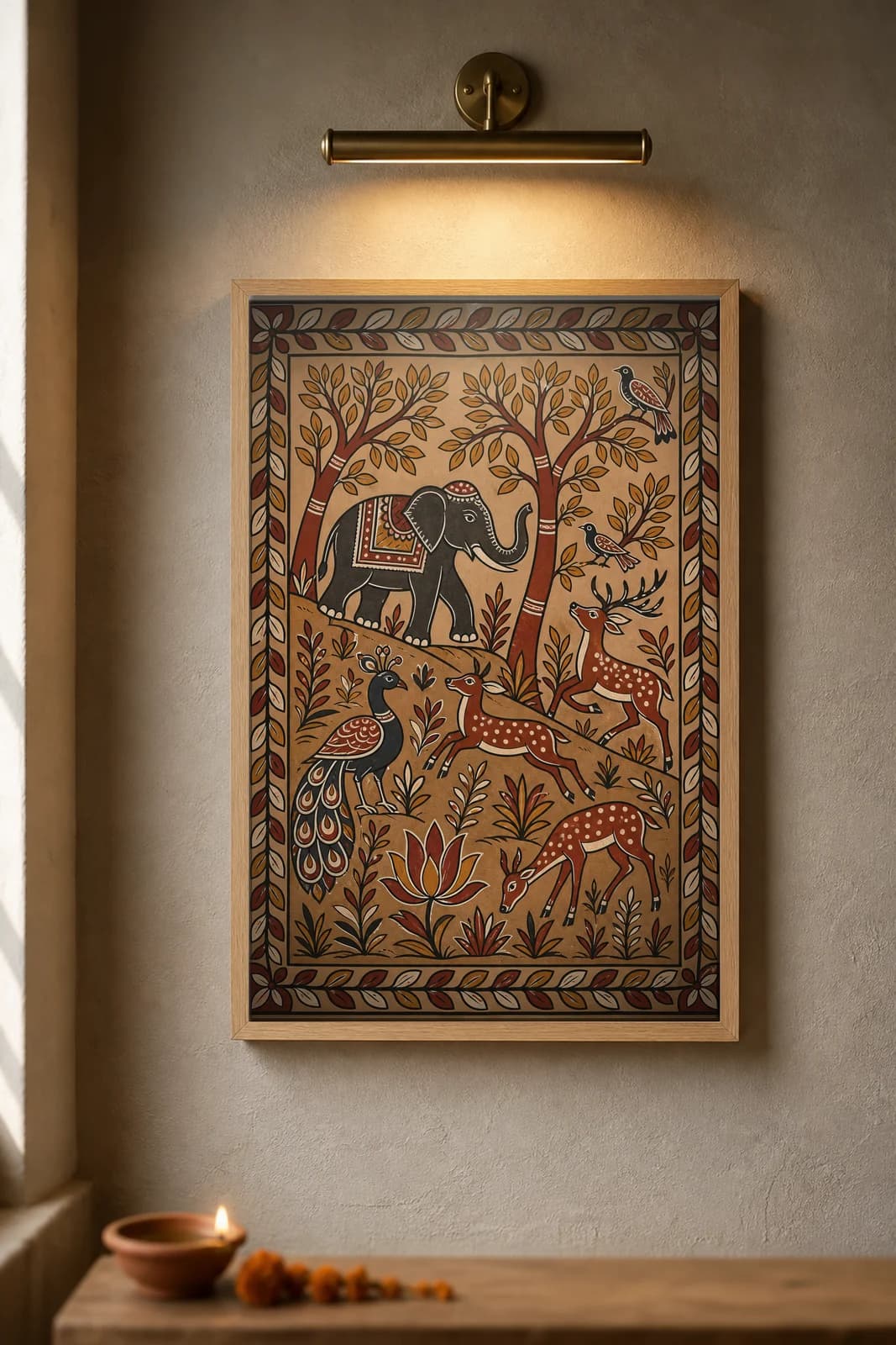 Sohrai Tusker and Deer — framed museum print, Sohrai Khovar