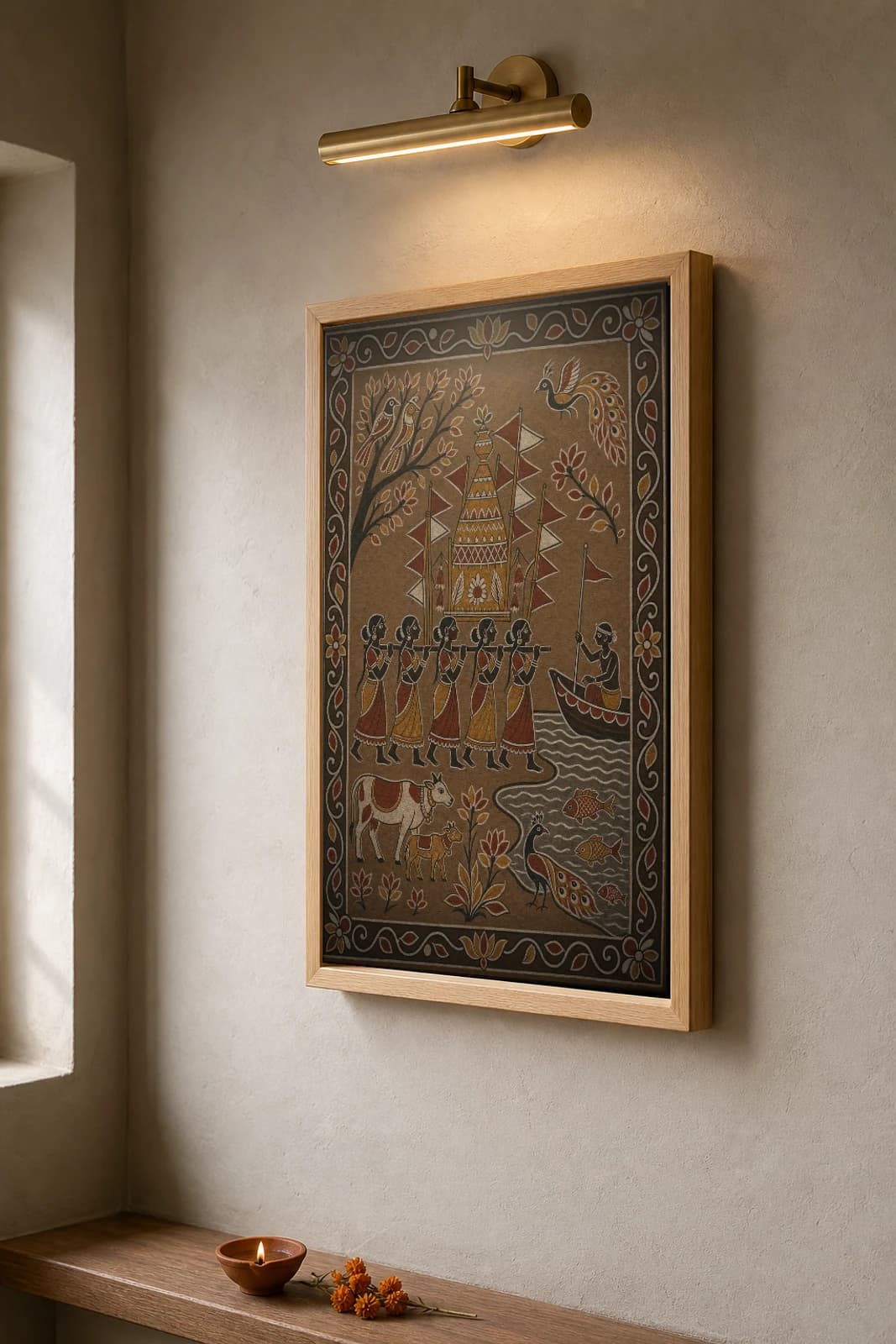 Tusu Float on the Damodar — Sohrai fusion art print · women carrying a decorated Tusu float to the river for immersion, a boatman poling past fish · in the Hazaribagh harvest mural tradition of Jharkhand — the framed print shown at a three-quarter angle on a styled gallery wall in a natural-oak frame