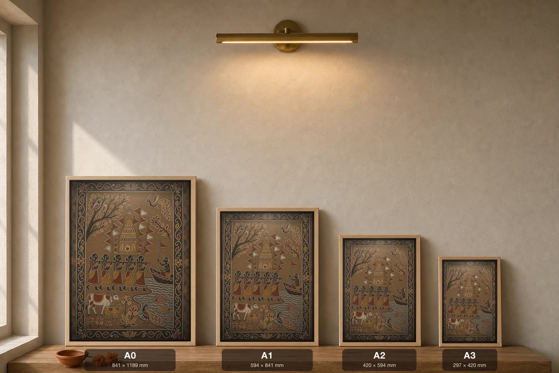 Tusu Float on the Damodar — Sohrai fusion art print · women carrying a decorated Tusu float to the river for immersion, a boatman poling past fish · in the Hazaribagh harvest mural tradition of Jharkhand — print size guide showing the artwork at A0, A1, A2 and A3 in natural-oak frames at true relative scale