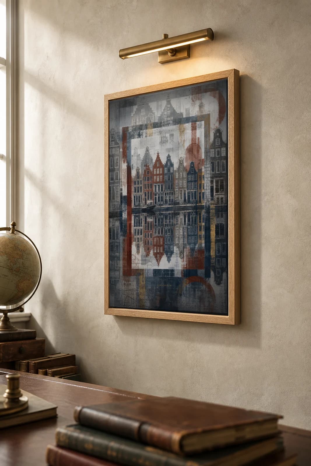 Amsterdam Poster — Netherlands travel wall art · city print · framed A2 — the framed print shown at a three-quarter angle on a styled gallery wall in a natural-oak frame