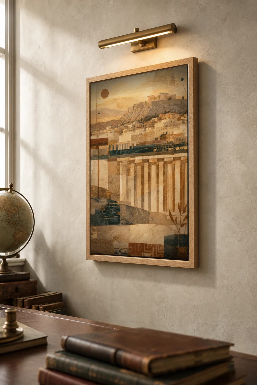 Athens Poster — Greece travel wall art · city print · framed A2 — the framed print shown at a three-quarter angle on a styled gallery wall in a natural-oak frame