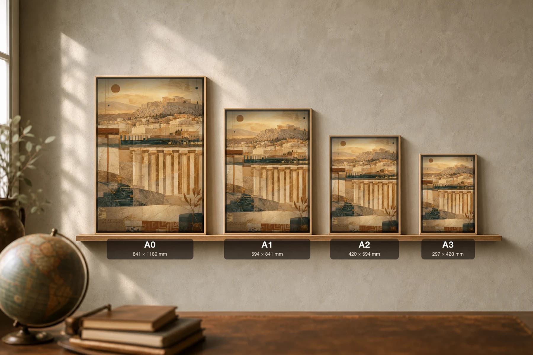 Athens Poster — Greece travel wall art · city print · framed A2 — print size guide showing the artwork at A0, A1, A2 and A3 in natural-oak frames at true relative scale