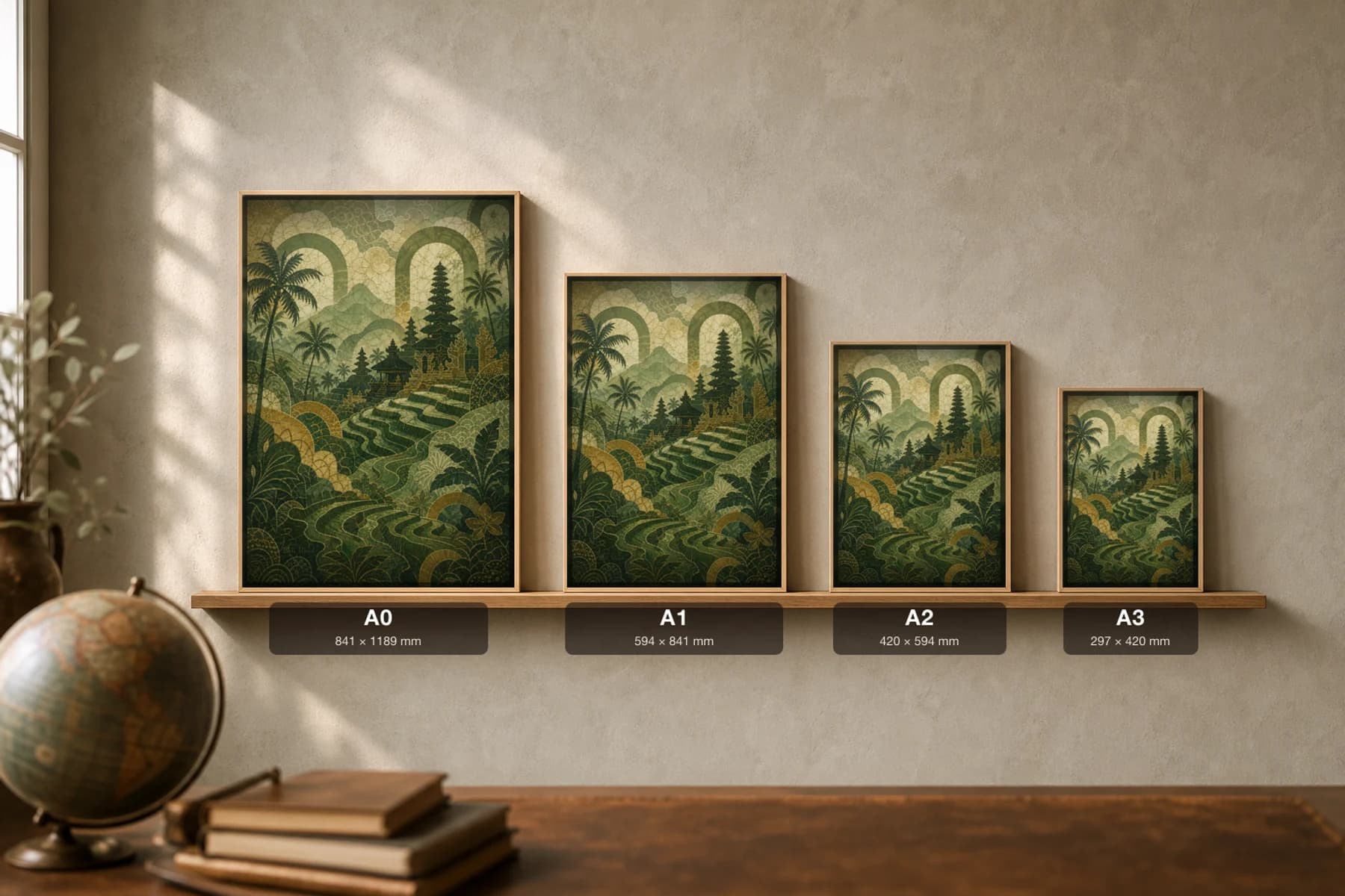 Ubud Poster — Indonesia travel wall art · city print · framed A2 — print size guide showing the artwork at A0, A1, A2 and A3 in natural-oak frames at true relative scale