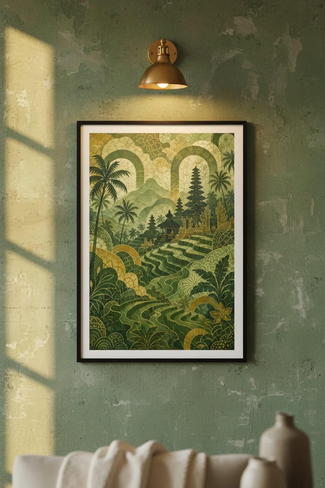 Bali Ubud Suncities travel print in black A2 frame on emerald-green concrete wall — Suncities mockup