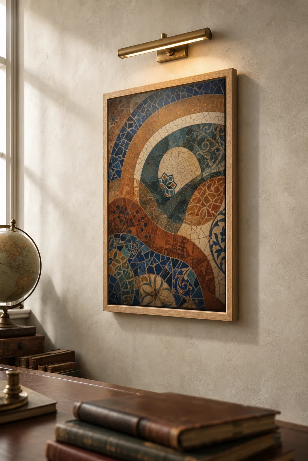 Barcelona Poster — Spain travel wall art · city print · framed A2 — the framed print shown at a three-quarter angle on a styled gallery wall in a natural-oak frame