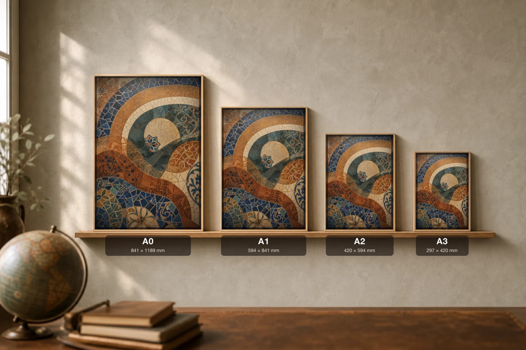 Barcelona Poster — Spain travel wall art · city print · framed A2 — print size guide showing the artwork at A0, A1, A2 and A3 in natural-oak frames at true relative scale
