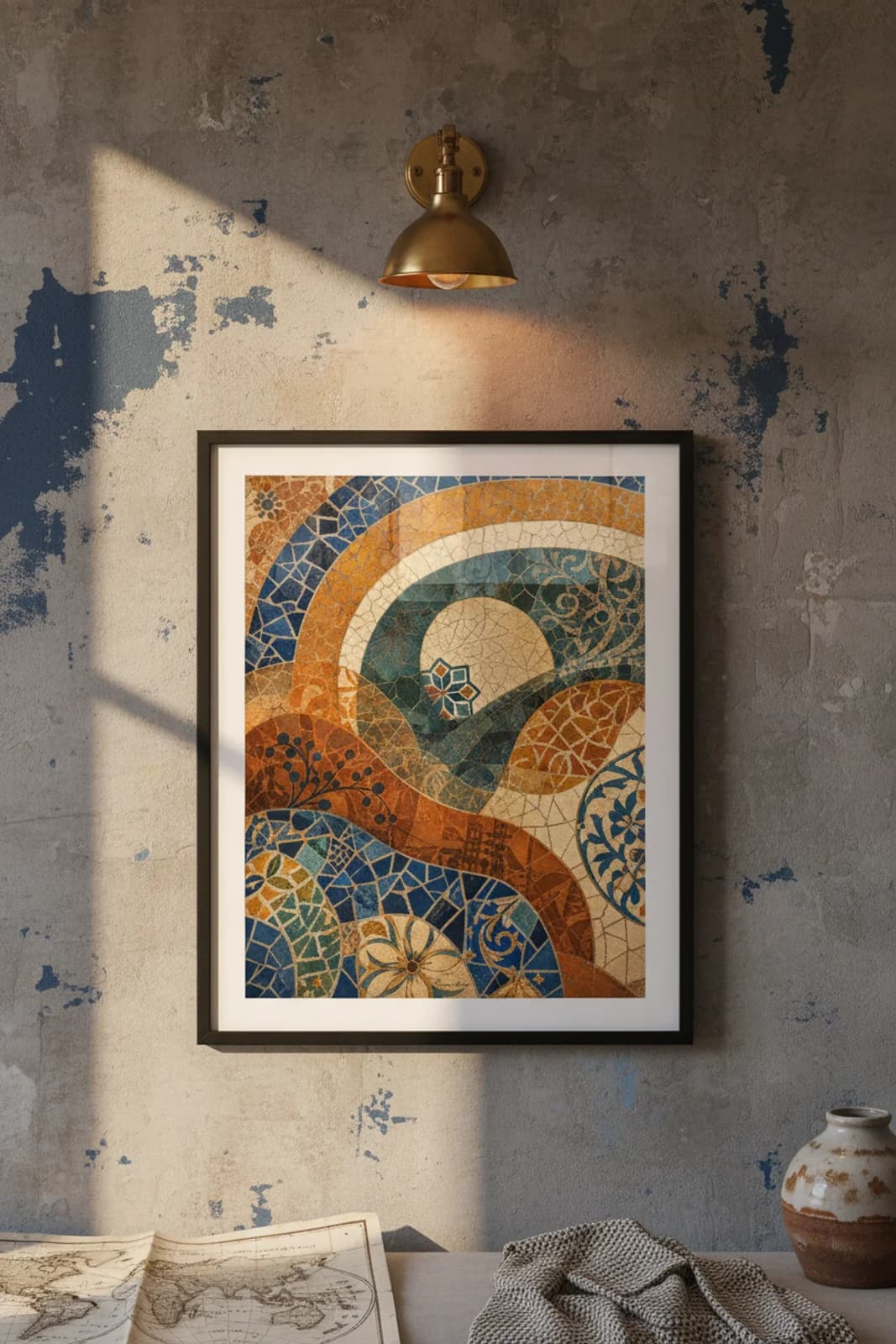 Barcelona Suncities travel print in black A2 frame on deep-navy concrete wall — Suncities mockup