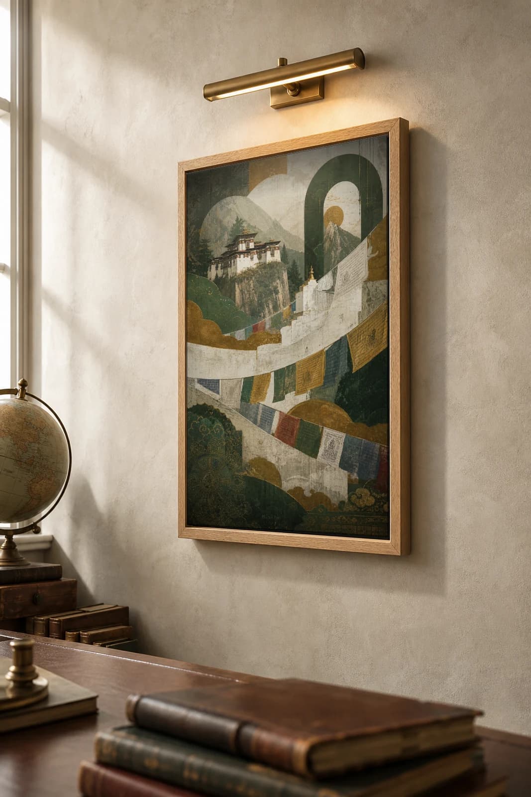Paro Poster — Bhutan travel wall art · city print · framed A2 — the framed print shown at a three-quarter angle on a styled gallery wall in a natural-oak frame