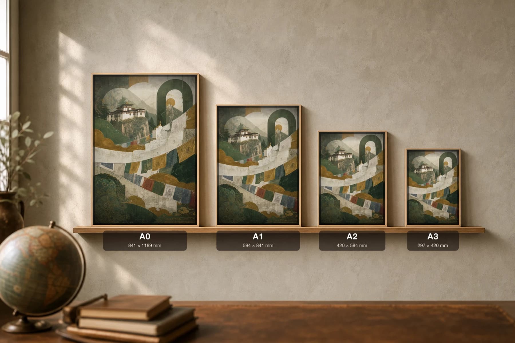 Paro Poster — Bhutan travel wall art · city print · framed A2 — print size guide showing the artwork at A0, A1, A2 and A3 in natural-oak frames at true relative scale